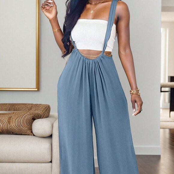 Baby Blue Casual Women's Summer Solid Color Back Knot Loose Jumpsuit - Picture 3 of 4